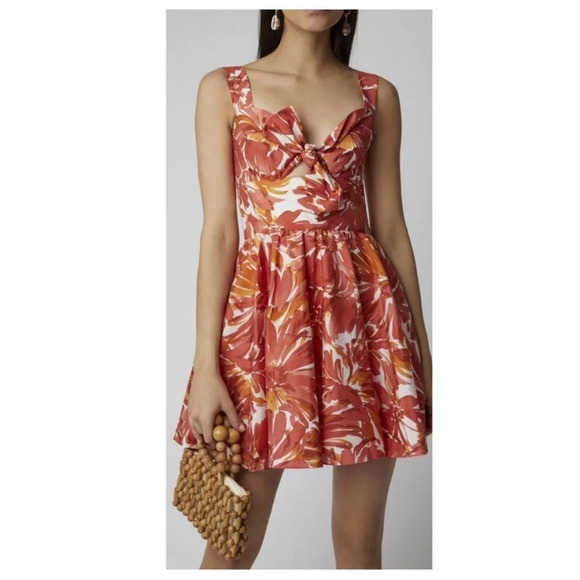 Alexis Floral Print Dress Orange Pink Tie Bow Size M - Picture 3 of 8